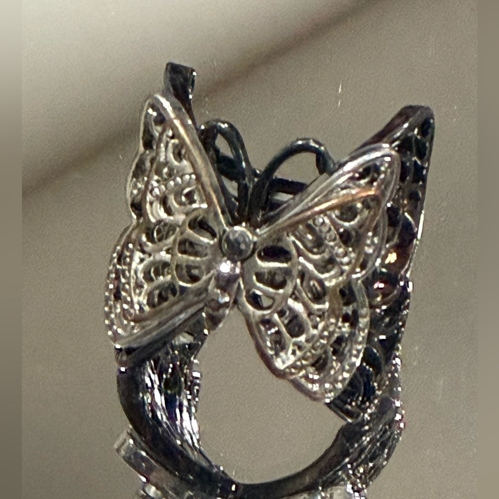 Goth Butterfly Ring-Gunmetal w/ Silver Tone Overlay with Rhinestone- Size 8 & up